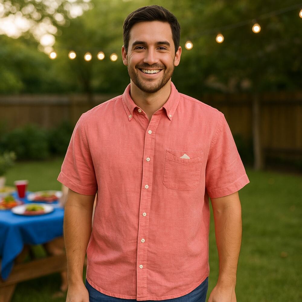 Orvis Shirt Mens XL Linen Coral Pink Vacation Coastal Casual Comfort Lightweight